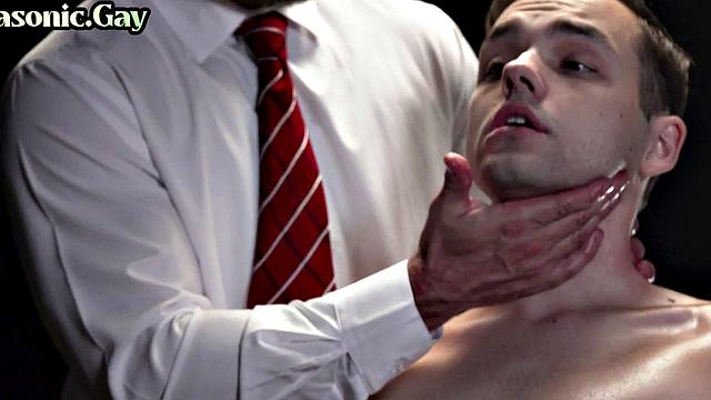 Mature gay mason in suit whips skinny twink