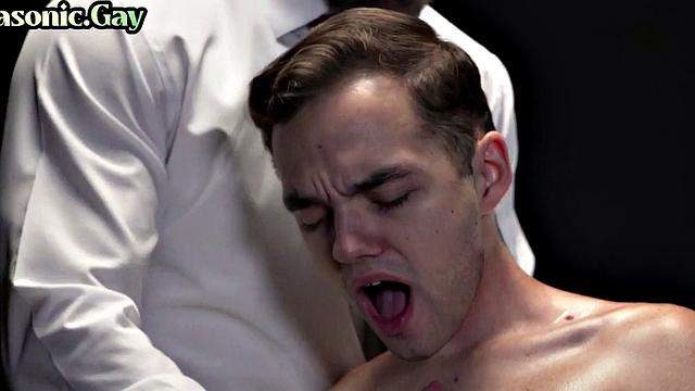 Mature gay mason in suit whips skinny twink