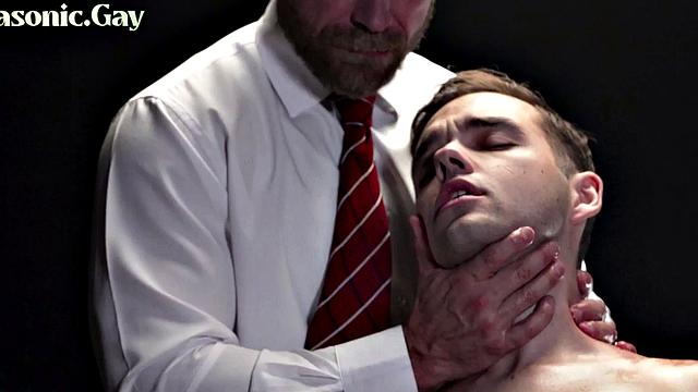 Mature gay mason in suit whips skinny twink