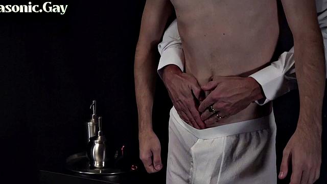 Mature gay mason in suit whips skinny twink