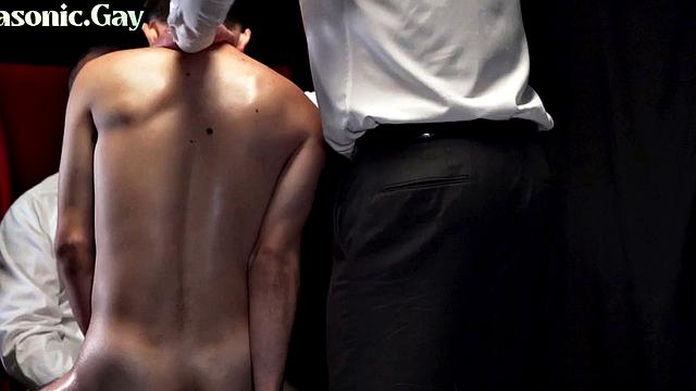 Mature gay mason in suit whips skinny twink