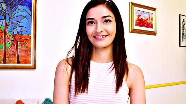 Pocket-sized teen Emily shows off her pool skills before rubbing her small boobs and fingering her hairless snatch on the table.