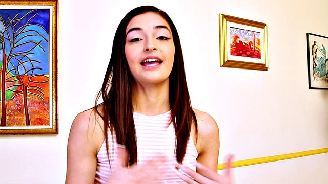 Pocket-sized teen Emily shows off her pool skills before rubbing her small boobs and fingering her hairless snatch on the table.