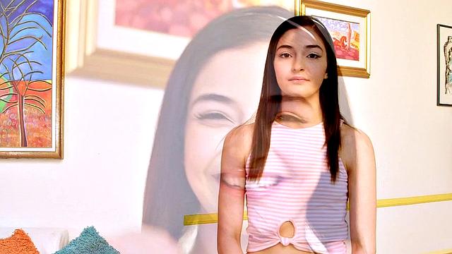 Pocket-sized teen Emily shows off her pool skills before rubbing her small boobs and fingering her hairless snatch on the table.