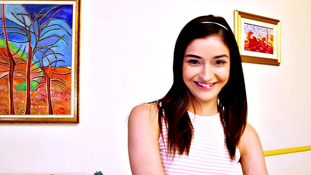 Pocket-sized teen Emily shows off her pool skills before rubbing her small boobs and fingering her hairless snatch on the table.