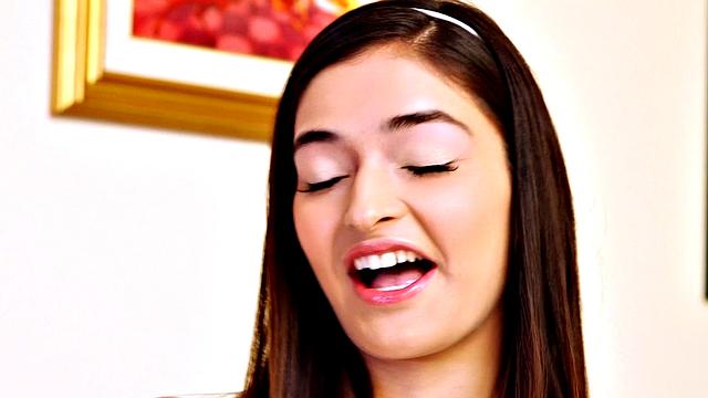 Pocket-sized teen Emily shows off her pool skills before rubbing her small boobs and fingering her hairless snatch on the table.