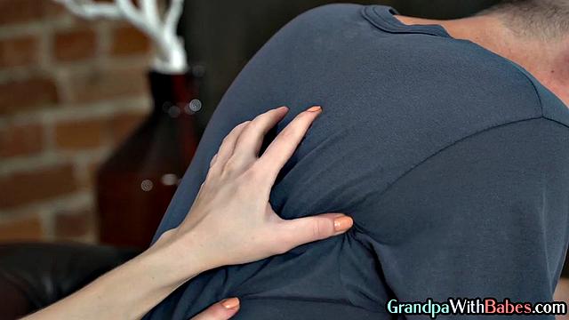 Busty cutie deepthroating senior dick