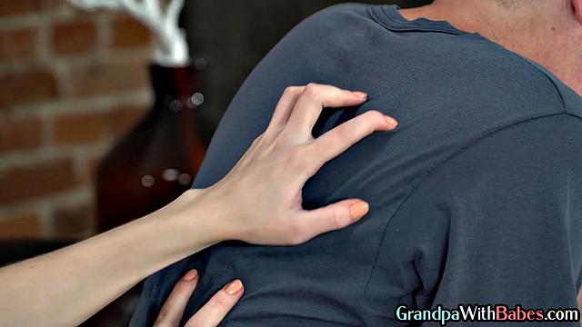 Busty cutie deepthroating senior dick