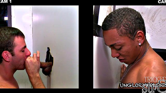 Naive stud gloryhole sucked and stroked by gay dude