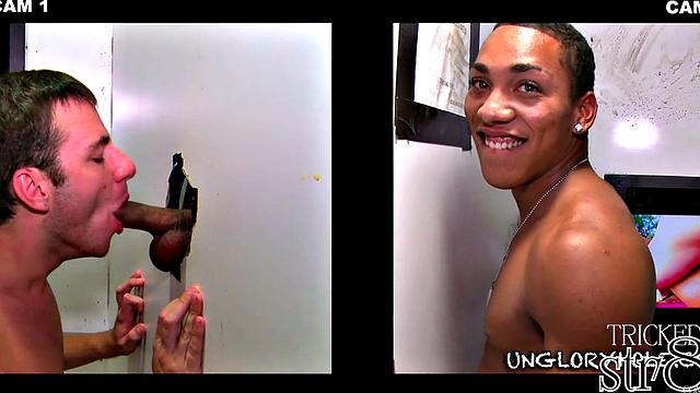 Naive stud gloryhole sucked and stroked by gay dude