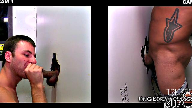 Naive stud gloryhole sucked and stroked by gay dude