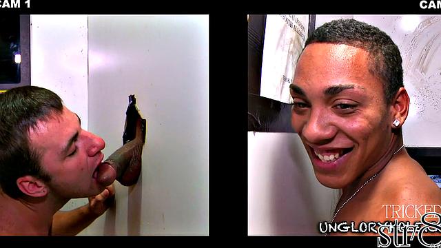 Naive stud gloryhole sucked and stroked by gay dude