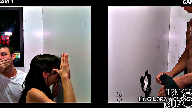 Naive stud gloryhole sucked and stroked by gay dude