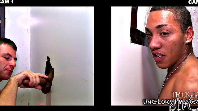 Naive stud gloryhole sucked and stroked by gay dude