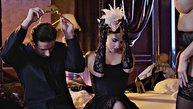 Intense group sex with small-titted pierced babe in lingerie & cowgirl pose