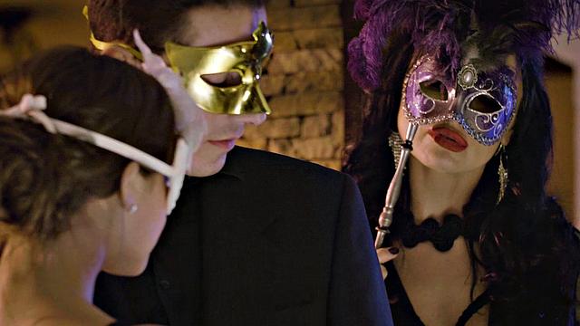 Intense group sex with small-titted pierced babe in lingerie & cowgirl pose