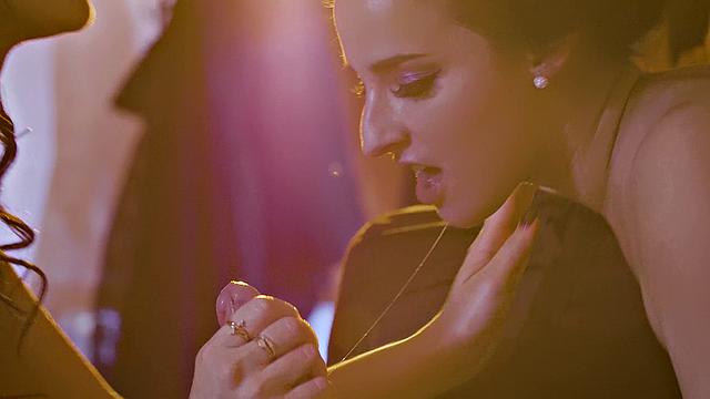 Intense group sex with small-titted pierced babe in lingerie & cowgirl pose