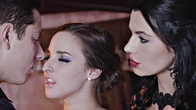 Intense group sex with small-titted pierced babe in lingerie & cowgirl pose