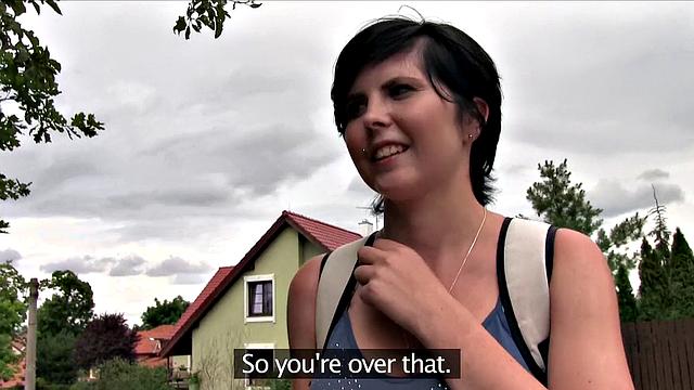 Naughty tattooed teen with big tits fucks in photo studio with doggystyle outdoor action