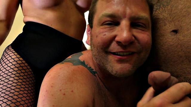 Bisex MILF sucks and wanks in closeup dirty talking 3some