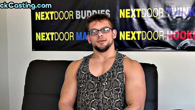 Solo athletic and inked jock jerks after interview