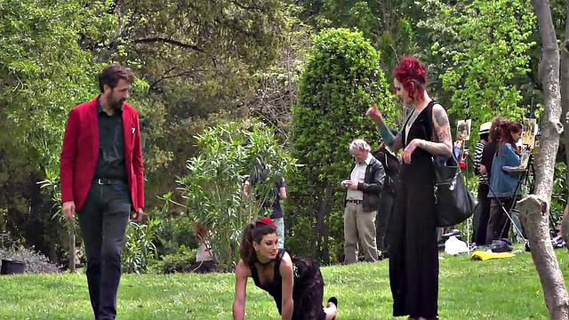 Redhead domina n lord showing their naked babe sub in public