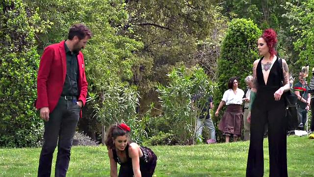 Redhead domina n lord showing their naked babe sub in public