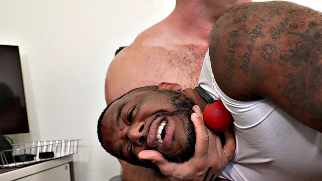 Ebony jock barebacked by muscled BF