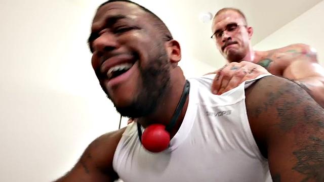 Ebony jock barebacked by muscled BF