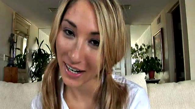 Dirty blonde teen sucking on hard cock in POV close up