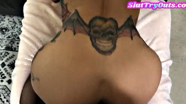 Amateur inked POV fucked in hairy cunt after sucking