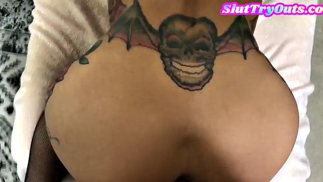 Amateur inked POV fucked in hairy cunt after sucking