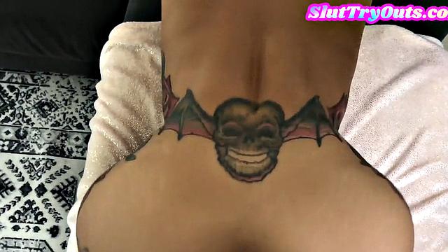 Amateur inked POV fucked in hairy cunt after sucking