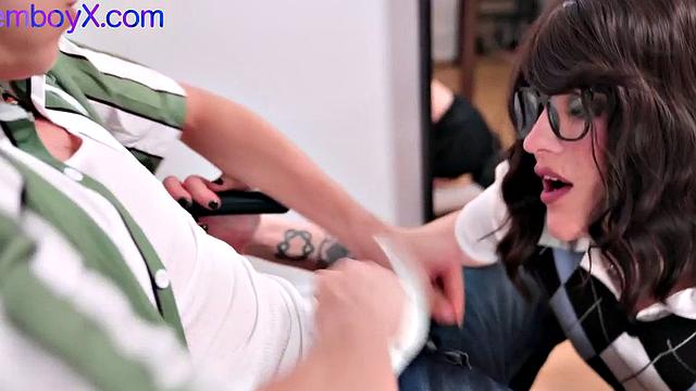 Lace geeky femboi pounded at the library