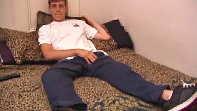 Straight guy Skylerr is horny and wants to beat off to a porn video. He works himself through his pants, and then pulls out his huge dick.