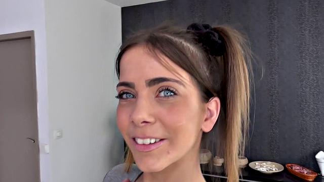 Pigtailed Cutie Takes Load Over Her Tongue