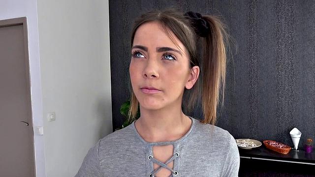 Pigtailed Cutie Takes Load Over Her Tongue