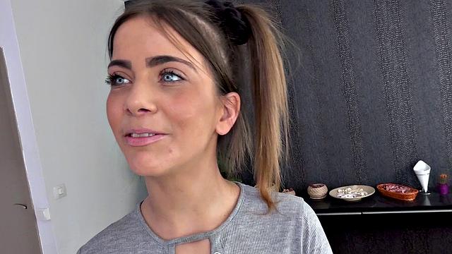 Pigtailed Cutie Takes Load Over Her Tongue