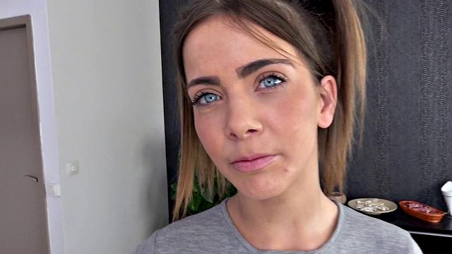 Pigtailed Cutie Takes Load Over Her Tongue