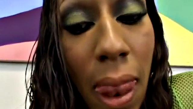 Watch this Ebony teen in high heels get her pussy drilled hard and smile with pleasure