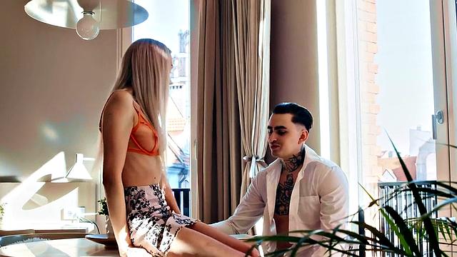 Petite enjoys fucking from behind by big white dick.