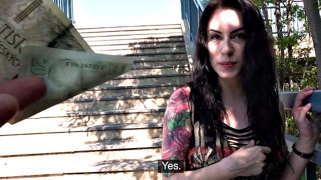 Inked eurobabe pulled into giving blowjob before sex