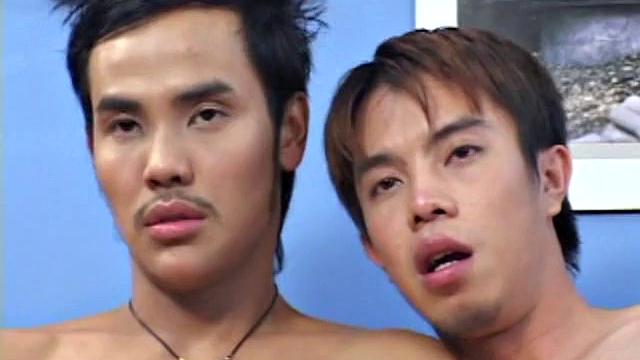 Skinny Asian teens jerking on bed for cumshot