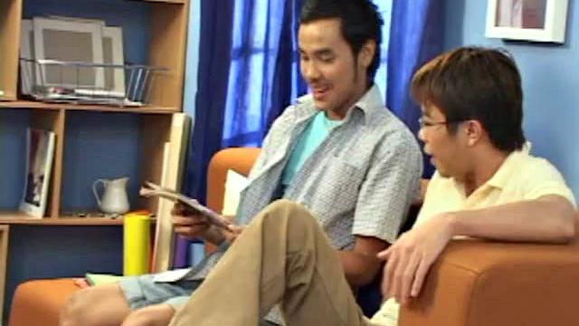 Skinny Asian teens jerking on bed for cumshot