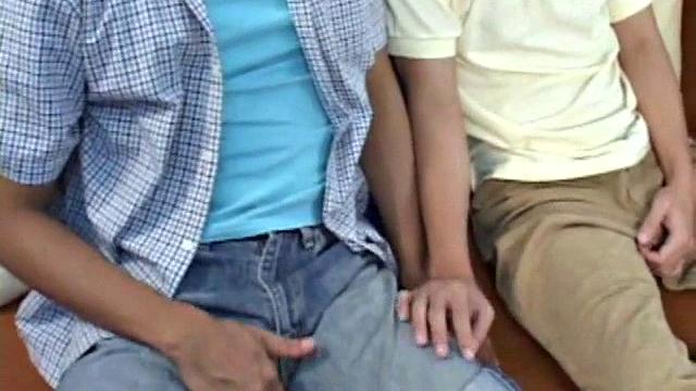 Skinny Asian teens jerking on bed for cumshot