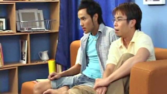 Skinny Asian teens jerking on bed for cumshot