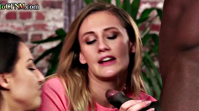 Femdom CFNM babes suck black cock in FFM threesome