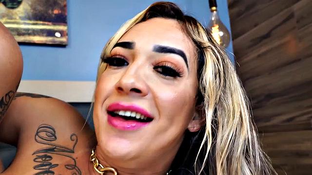 Oiled TS Latina MILF with tanned boobs gets nailed