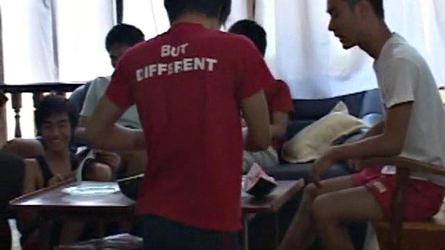 Skinny Asian amateurs wanking in group until jizz shooting