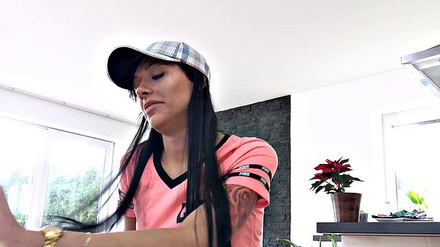 DEBT4k. Chick doesn't want the man to take TV so she has sex with him